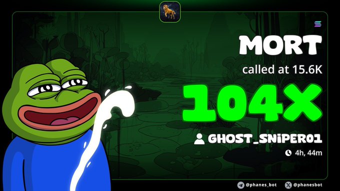The image features a cartoon frog with a green body, white face, and blue legs standing next to a banner that says "Massive 104x pump up on my call on $MORT CA>> #memecoin #solana #degen". The frog is positioned in front of the banner.