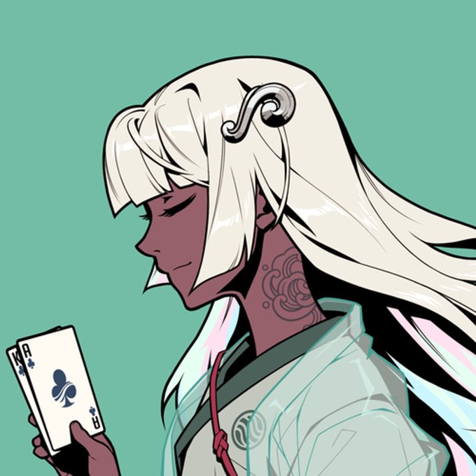 An anime-style illustration of a character with long white hair holding a King of Clubs playing card, featuring a distinctive swirl hair clip and neck markings.