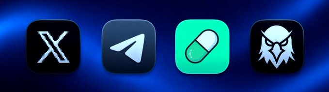 Four app icons are displayed against a dark blue background: X (formerly Twitter), Telegram, a pill/medication icon, and a stylized owl/hooded figure. The accompanying post suggests these four apps are the key to getting rich this year, though the pill icon (possibly representing a pill-taking or "pill" meme app) and hooded figure (likely a trading or anonymous platform) remain unlabeled.
