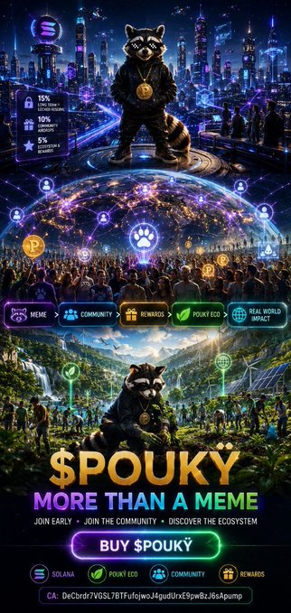 A promotional graphic for the $POUKY cryptocurrency, featuring a raccoon mascot in both a futuristic neon cityscape and a natural waterfall setting, highlighting key features like 15% Liquidity, 10% Community Rewards, and 5% Marketing & Development, with the tagline "$POUKY MORE THAN A MEME" and a Solana contract address (DeCbrdr7vG5L7B1TufolwoJ4qudUrE9jwBzisApump) at the bottom.