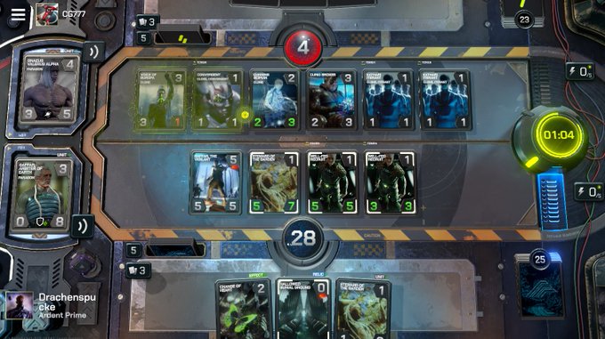 A screenshot of a digital card game interface showing various character cards, scores, and a timer reading '01:04', with a player name 'Drachenspucke'.