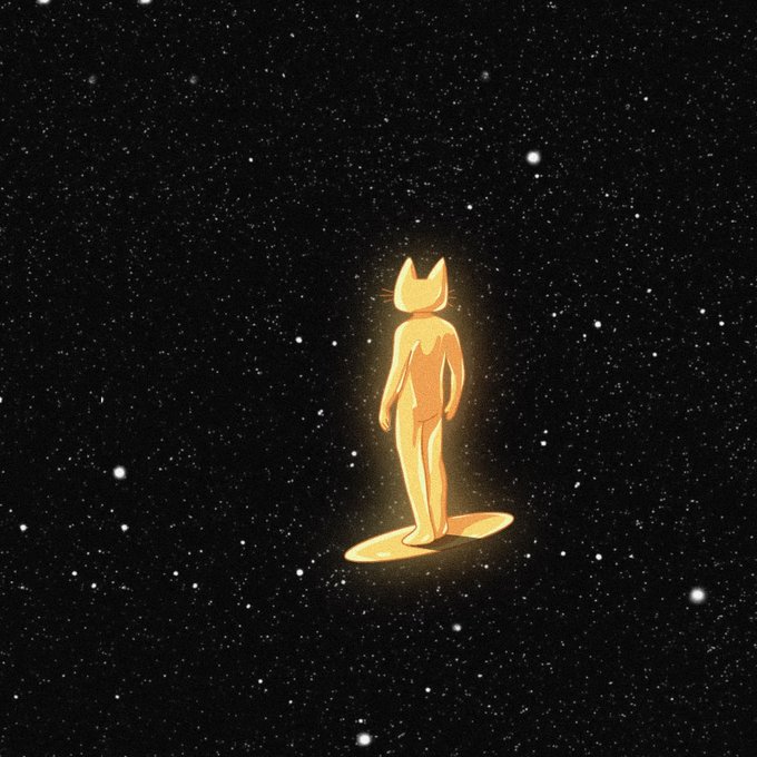 A glowing golden cat-headed figure surfs on a surfboard through a starry cosmic void, symbolizing the euphoric, out-of-this-world feeling of riding Ethereum's price momentum past the $2,000 milestone.