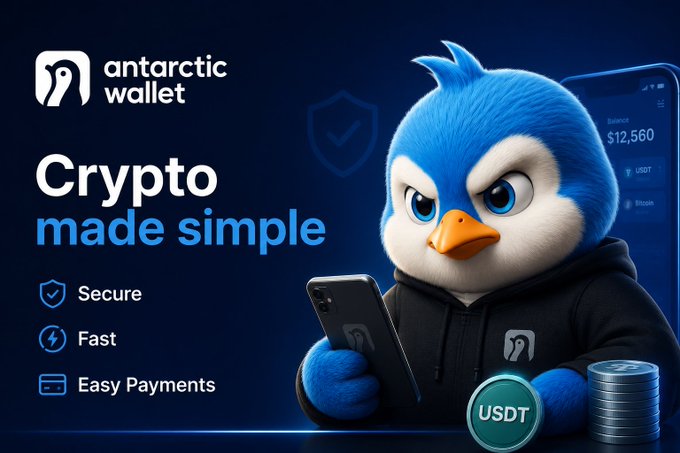 A promotional banner for 'antarctic wallet' featuring a 3D penguin mascot and the text 'Crypto made simple' alongside 'USDT' and a phone display.