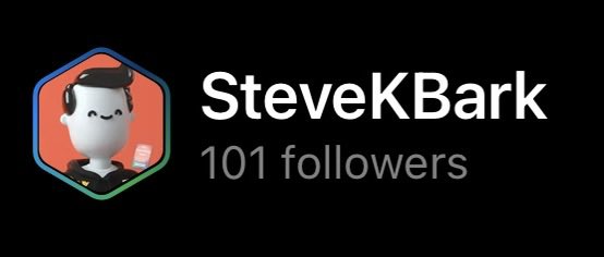 A social media profile banner for "SteveKBark" with a cartoon avatar wearing sunglasses and headphones, showing "101 followers".