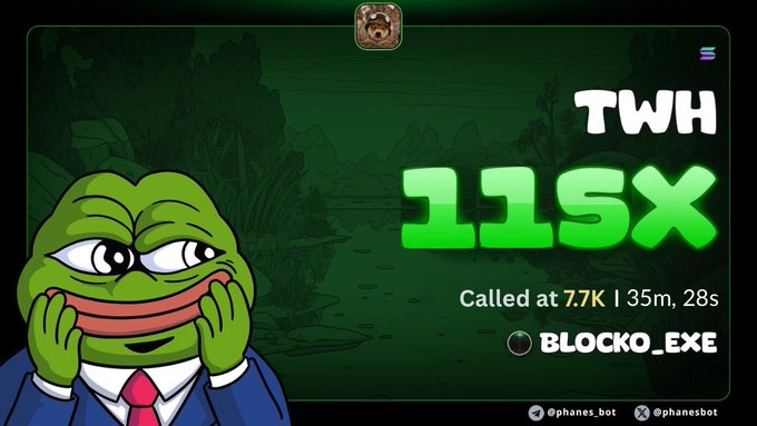 A green-themed graphic featuring a Pepe the Frog character in a suit, showing 'TWH 115X Called at 7.7K | 35m, 28s' by BLOCKO.EXE, with handles @phanes.bot.