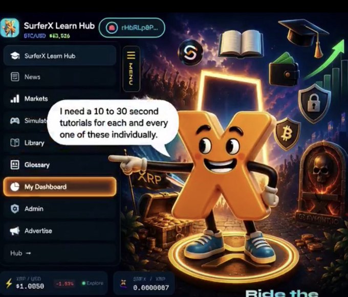 The image promotes the SurferX Learn Hub on XRP Ledger, showing a cartoon “X” mascot, a navigation menu, and visible tickers including XRP, BTC, and a 0.00000627 XRP/X ratio. It ties to the post’s upcoming $200 giveaway on the @SurferXHubXRPL space on Friday, August 28, highlighting the education-focused platform behind the event.
