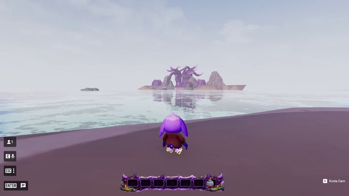 The image features a video game scene with a purple character standing on an island, facing away from the camera. The background of the image shows a beach and ocean, creating a serene atmosphere for the game. There are also several other characters visible in the scene, adding depth and complexity to the gameplay experience. The post about the game seems to be promoting or discussing the game's features, as it uses a positive tone with phrases like " Damn these worlds are so beautiful!" and "I can't wait to see what the creators are cooking up!".