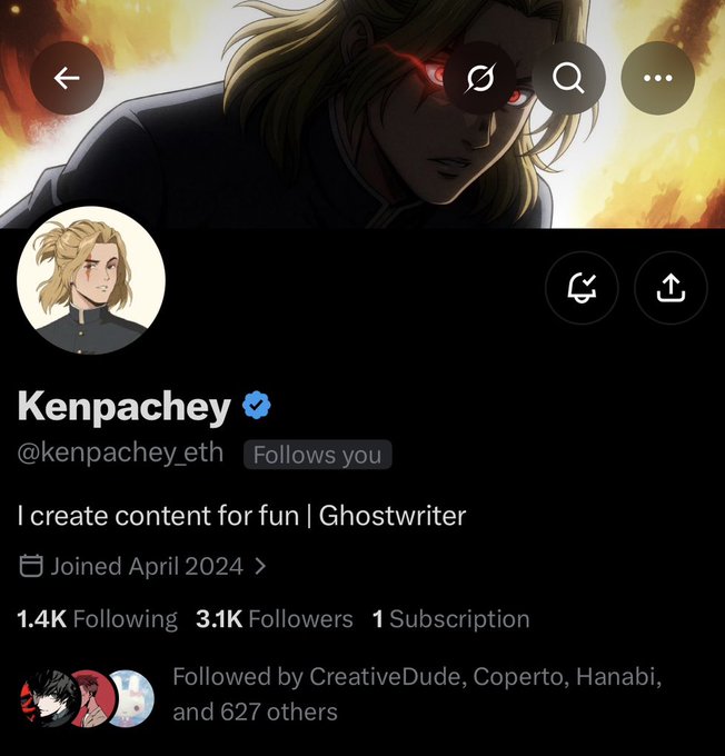 A Twitter/X profile screenshot for user 'Kenpachey' (@kenpachey_eth) with a bio reading 'I create content for fun | Ghostwriter', joined April 2024, showing 3.1K Followers.