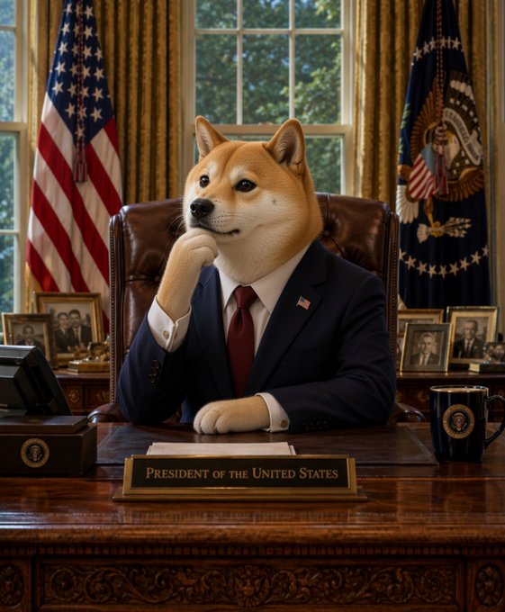A Shiba Inu dog dressed in a navy suit and red tie, sitting at the Resolute Desk in the Oval Office with a 'President of the United States' nameplate.