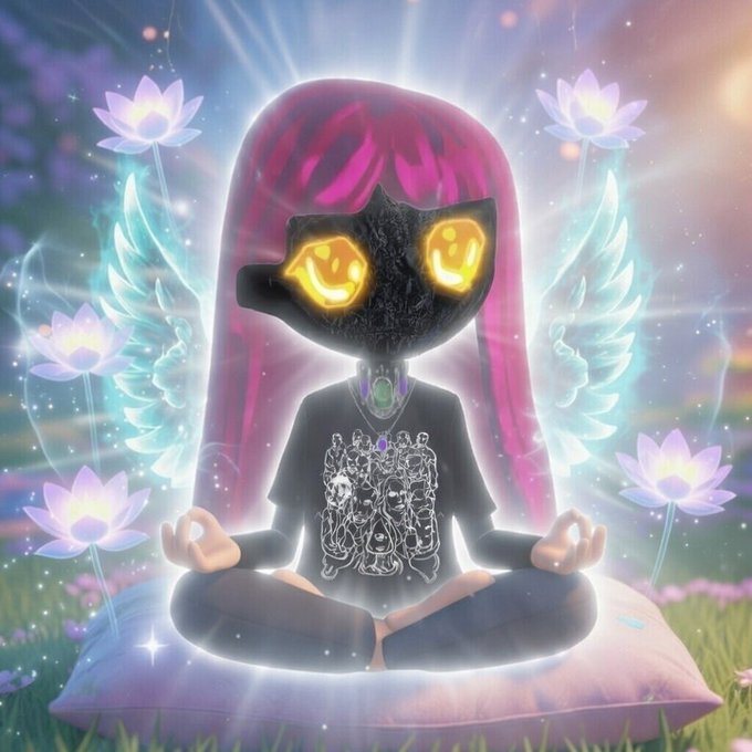 A chibi figure with glowing smiley-face eyes meditates in a lotus position on a cushion, surrounded by ethereal pink lotus flowers, angel wings, and radiant light. The serene, otherworldly imagery visually embodies the post's message about mindfulness, recharging, and being at "full potential" through peaceful relaxation.