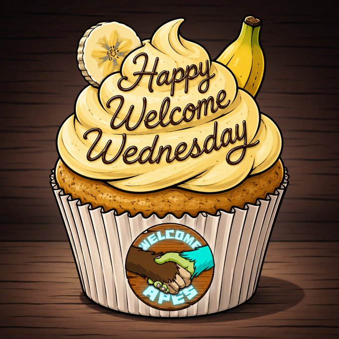 A cartoon-style banana cupcake with cream frosting features the cursive text "Happy Welcome Wednesday" alongside a banana slice and whole banana on top. The cupcake wrapper displays a circular logo reading "WELCOME APES" with two hands shaking, tying into the post's invitation for community members to connect in the OthersideMeta Clubhouse with Bored Ape Yacht Club members.