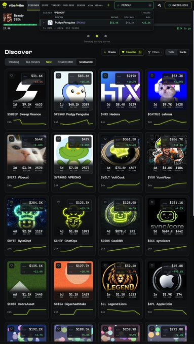 A Vibevibe meme token discovery page showing trending coins including $SWEEP, $PENGU, $HTX, $CATH2, $VibeCat, $VFORG, $VOLT, $YURR0, $BYTEC, $CHEF, $COOK, $SCORE, $COIN, $GIGA, $LGN, and $APl.