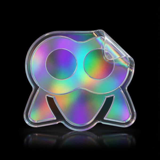 A holographic, iridescent ghost-shaped sticker or 3D graphic with a peeled corner, displayed against a black background.