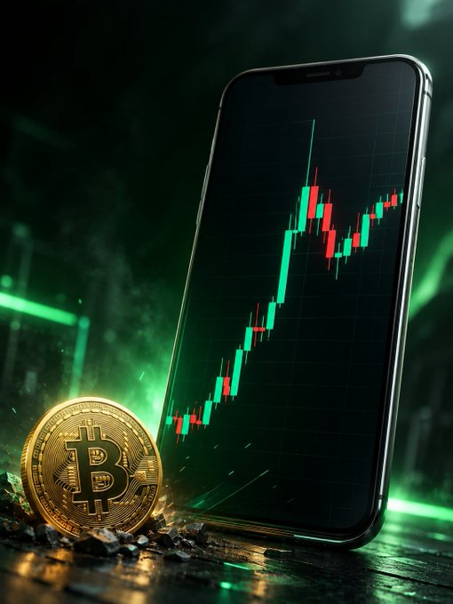 A digital render of a Bitcoin coin next to a smartphone displaying a green and red candlestick trading chart against a dark, atmospheric background with green lighting.