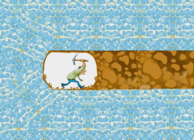 An illustration depicting a miner with a pickaxe inside a small pocket of air within a dirt tunnel, surrounded by blue ice or crystal walls.