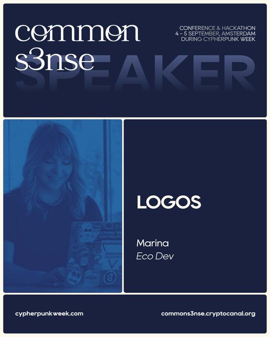 A speaker announcement graphic for 'Commons3nse' Conference & Hackathon (4-5 September, Amsterdam) during Cypherpunk Week, featuring 'LOGOS' by Marina, Eco Dev, with a photo of a woman with a sticker-covered laptop.