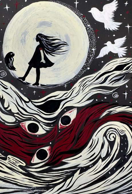 A black, white, and red illustration of a silhouetted girl with long flowing hair walking in front of a full moon, with white doves flying nearby and multiple eyes emerging from swirling dark waves below.