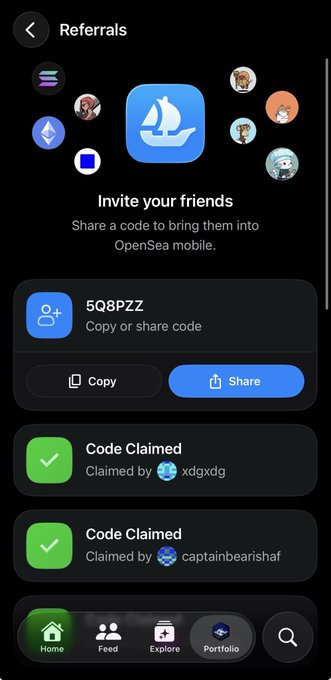 OpenSea mobile referrals screen showing an invite code '5Q8PZZ' with options to Copy or Share, and two claimed codes by users xdgxdg and captainbearishaf.