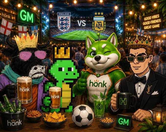 A vibrant AI-generated scene of mascots watching England vs. Argentina on screen at a sports bar, featuring characters wearing crowns, a "honk" beer logo, and a "GOOD VIBES GOOD FRIENDS GREAT GAME" sign.