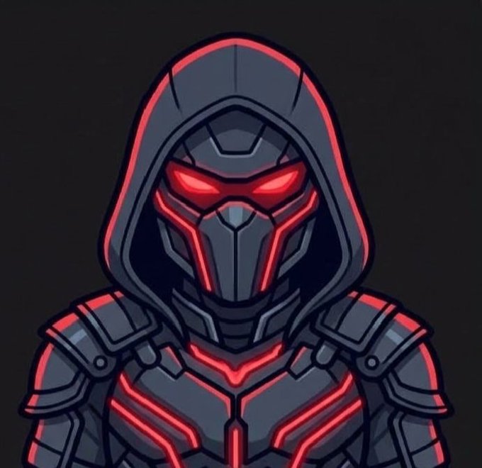 Image 9: A digital illustration of a hooded, armored figure with glowing red neon accents lining the mask and armor plating.