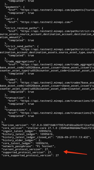 A developer console showing Stellar API endpoints with a red arrow highlighting `"supported_protocol_version": 27`, confirming Pi Network's testnet activation of protocol 27 ahead of the open mainnet launch.