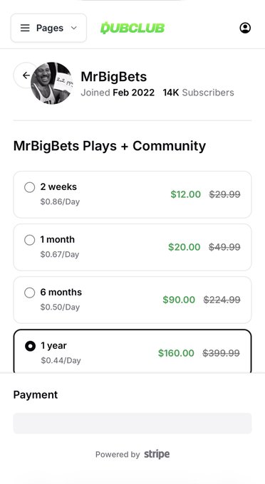 MrBigBets offers a DUBClub VIP subscription with tiers ranging from $12 (2 weeks) to $160 (1 year), originally priced up to $399.99. The image showcases the discounted pricing options for the subscription promotion advertised in the post.