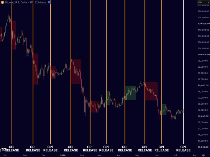 The image displays a Bitcoin/U.S. Dollar daily candlestick chart from Coinbase spanning roughly October through August, with vertical orange lines marking each "CPI RELEASE" event and red/green shaded rectangles highlighting the price action immediately following those releases. The chart visually reinforces the post's claim that 6 of 9 CPI prints since the local top have triggered sell-offs in Bitcoin, as most red rectangles dominate, indicating downside reactions tied to inflation data amid the current ~$64,000 price level.