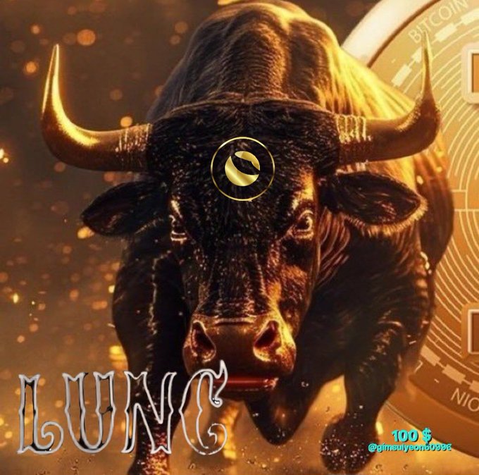 A dramatic illustration of a charging bull with golden hues and a glowing logo on its forehead, set against a backdrop featuring a Bitcoin coin, with the text 'LUNC' and '100 $ @jimmycoin0925' displayed.