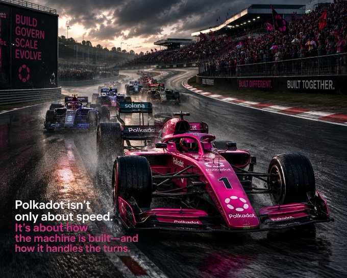 A pink Polkadot Formula 1-style race car leads a pack on a rainy track, with text reading: 'Polkadot isn't only about speed. It's about how the machine is built—and how it handles the turns.'