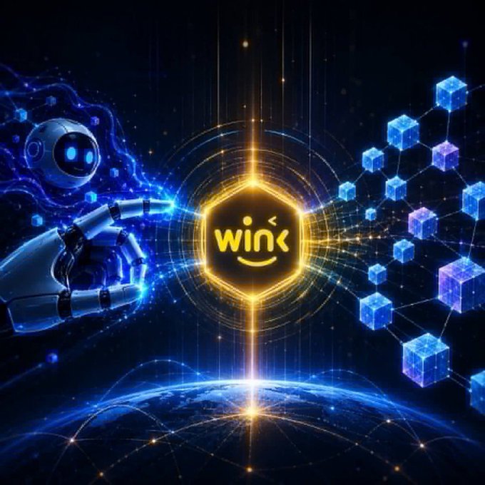 Digital artwork featuring a robot reaching toward a glowing hexagonal 'wink' logo, with blue interconnected cubes and a network over Earth.
