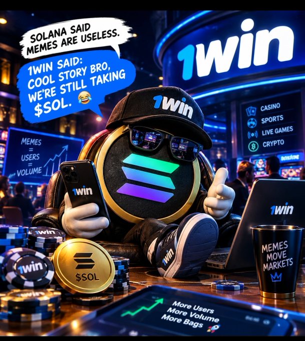 A promotional graphic for '1win' features a Solana-branded character in sunglasses and a 1win cap holding a phone and laptop, with speech bubbles reading 'SOLANA SAID MEMES ARE USELESS.' and '1WIN SAID: COOL STORY BRO, WE'RE STILL TAKING $SOL.'