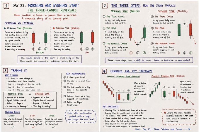 A colorful educational infographic titled 'DAY 22: MORNING AND EVENING STAR: THE THREE-CANDLE REVERSALS' explaining bullish and bearish candlestick patterns with diagrams, trading rules, and examples.