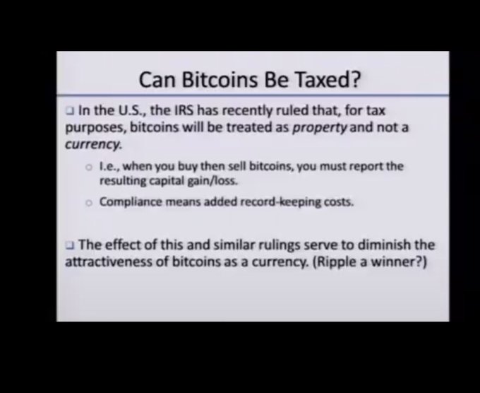 A presentation slide titled 'Can Bitcoins Be Taxed?' explaining that the IRS treats bitcoins as property for tax purposes, noting implications for capital gains/loss reporting.