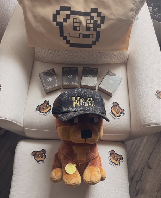 The image features a brown stuffed dog toy sitting next to an ottoman with a pillow that has a cartoon bear design, as well as several books arranged around the scene. The text "Doginal Dogs P1" appears near the stuffed animal, which could be related to the content of the books or simply a coincidence in the arrangement of objects on the ottoman.

The main focus of the image is the brown stuffed dog toy sitting next to an ottoman with a pillow featuring a cartoon bear design. The stuffed animal and the pillow are placed close together, creating a visually appealing scene that captures attention.