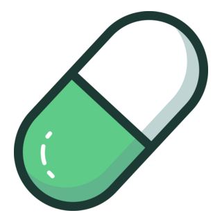 A simple cartoon illustration of a green and white pharmaceutical capsule pill.