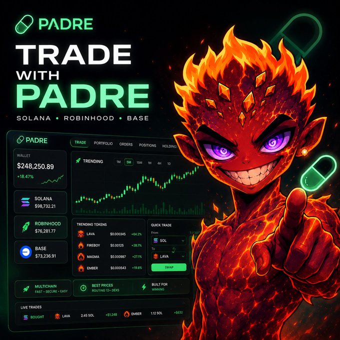 Advertisement for PADRE trading platform featuring a fiery red demon character with the text 'TRADE WITH PADRE' and 'SOLANA • ROBINHOOD • BASE', displaying a dashboard with portfolio stats.