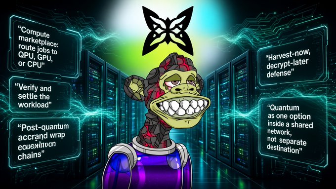 A digital illustration of a cartoon monkey character in a server room with a butterfly logo above, surrounded by text boxes describing blockchain concepts: 'Compute marketplace: route jobs to QPU, GPU, or CPU', 'Verify and settle the workload', 'Post-quantum accrand wrap equochain chains', 'Harvest-now, decrypt-later defense', and 'Quantum as one option inside a shared network, not separate destination'.