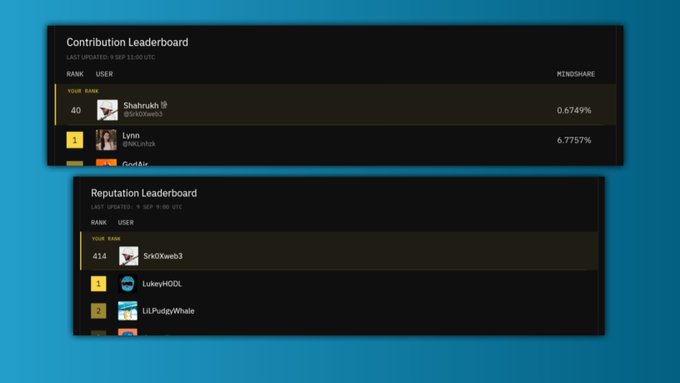 A screenshot shows two leaderboards: a 'Contribution Leaderboard' ranking user 'Shahrukh' at 40 (0.6749%) and 'Lynn' at 1 (6.7757%), and a 'Reputation Leaderboard' ranking 'SriXOweb3' at 414.