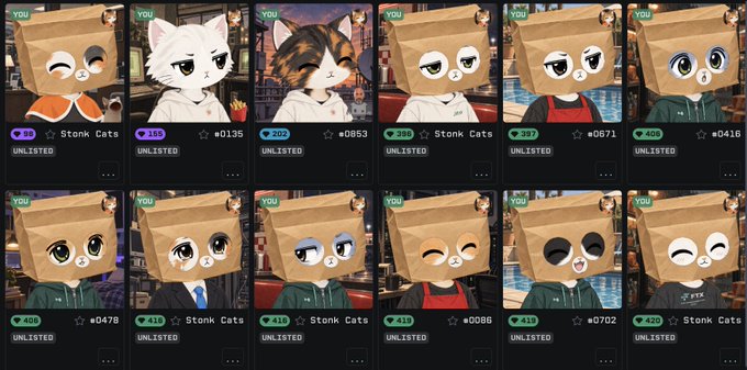 A grid of 12 Stonk Cats NFTs from the @stonkcatsnft collection, featuring various cats wearing the $ZCAT paper bag trait with like counts ranging from 158 to 418 hearts, displayed as "UNLISTED" listings for a giveaway.