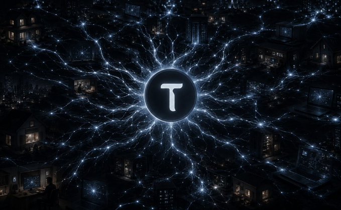 Dark artistic image featuring the Tether (T) logo at the center surrounded by glowing network-like connections spreading across a nighttime cityscape.