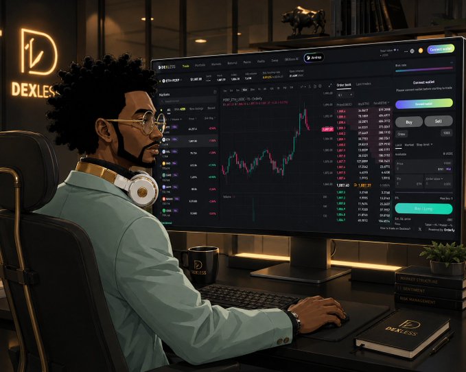 A stylized illustration of a man wearing glasses and headphones at a desk, looking at a DEX trading dashboard displaying cryptocurrency price charts and a 'Current Wallet' panel. The 'DEXLESS' logo appears on the wall behind him.