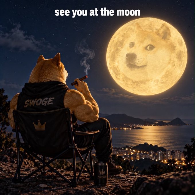 A meme image showing a muscular doge character smoking a cigar while sitting on a chair overlooking a city and ocean at night, with a full moon displaying the doge face and the text 'see you at the moon' and 'SWOGE' on the chair.