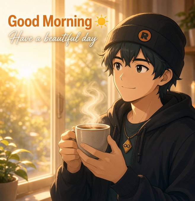 An anime-style illustration of a young man in a black beanie and hoodie holding a steaming coffee cup by a sunlit window, with text 'Good Morning ☀️ Have a beautiful day'.