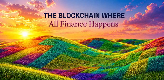 A promotional banner for a blockchain project featuring colorful rolling hills with the text 'THE BLOCKCHAIN WHERE All Finance Happens'.
