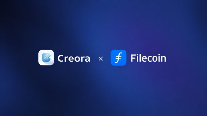 A partnership announcement graphic featuring the Creora and Filecoin logos side by side with an "×" between them, displayed against a dark blue gradient background. The image visually represents the collaboration described in the post, branding the alliance between Creora's AI platform and Filecoin's decentralized storage network.