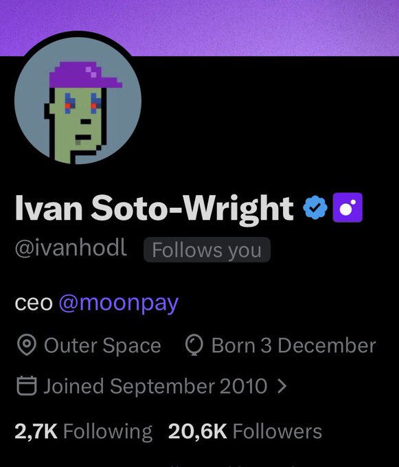The image shows a Twitter profile for "Ivan Soto-Wright" (@ivanhodl), identified as "ceo @moonpay," with a pixel-art zombie avatar, 20.6K followers, and a join date of September 2010. The post caption "Moonflex" humorously plays on his CEO title at MoonPay, riffing on crypto slang while highlighting his leadership role at the payments company.