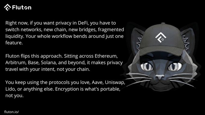 A dark promotional graphic for 'Fluton' featuring a stylized black cat wearing a branded cap, with text explaining their cross-chain DeFi privacy solution spanning Ethereum, Arbitrum, Base, and Solana, directing to fluton.io/.