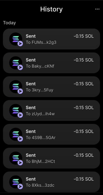 A mobile phone screen displaying a transaction history showing multiple 'Sent' transactions of -0.15 SOL to various addresses starting with 'FUMs', 'Baky', '3kry', 'zUyd', '4S9B', 'BhjM', and '8Xks'.