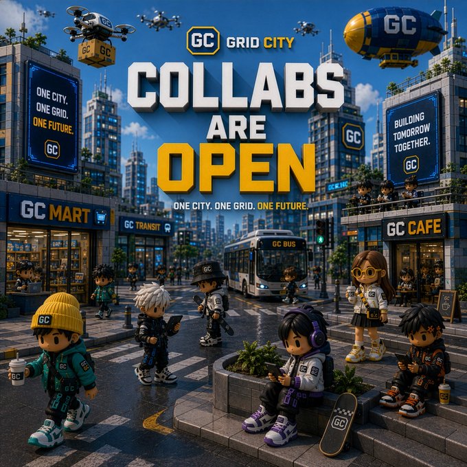 A vibrant promotional poster for 'GRID CITY' with the headline 'COLLABS ARE OPEN' and tagline 'ONE CITY. ONE GRID. ONE FUTURE.', featuring chibi-style characters in a futuristic urban setting with GC Mart, GC Transit, and GC Cafe.