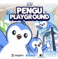The image displays the "Pengu Playground" logo featuring cartoon penguins in a playful setting, with "21 Laboore" text and the Pudgy Penguins branding visible at the bottom. This graphic serves as promotional artwork announcing the debut of Pengu Minibot, a robot companion created through a collaboration between Rice Robotics and Pudgy Penguins at Korea Blockchain Week.